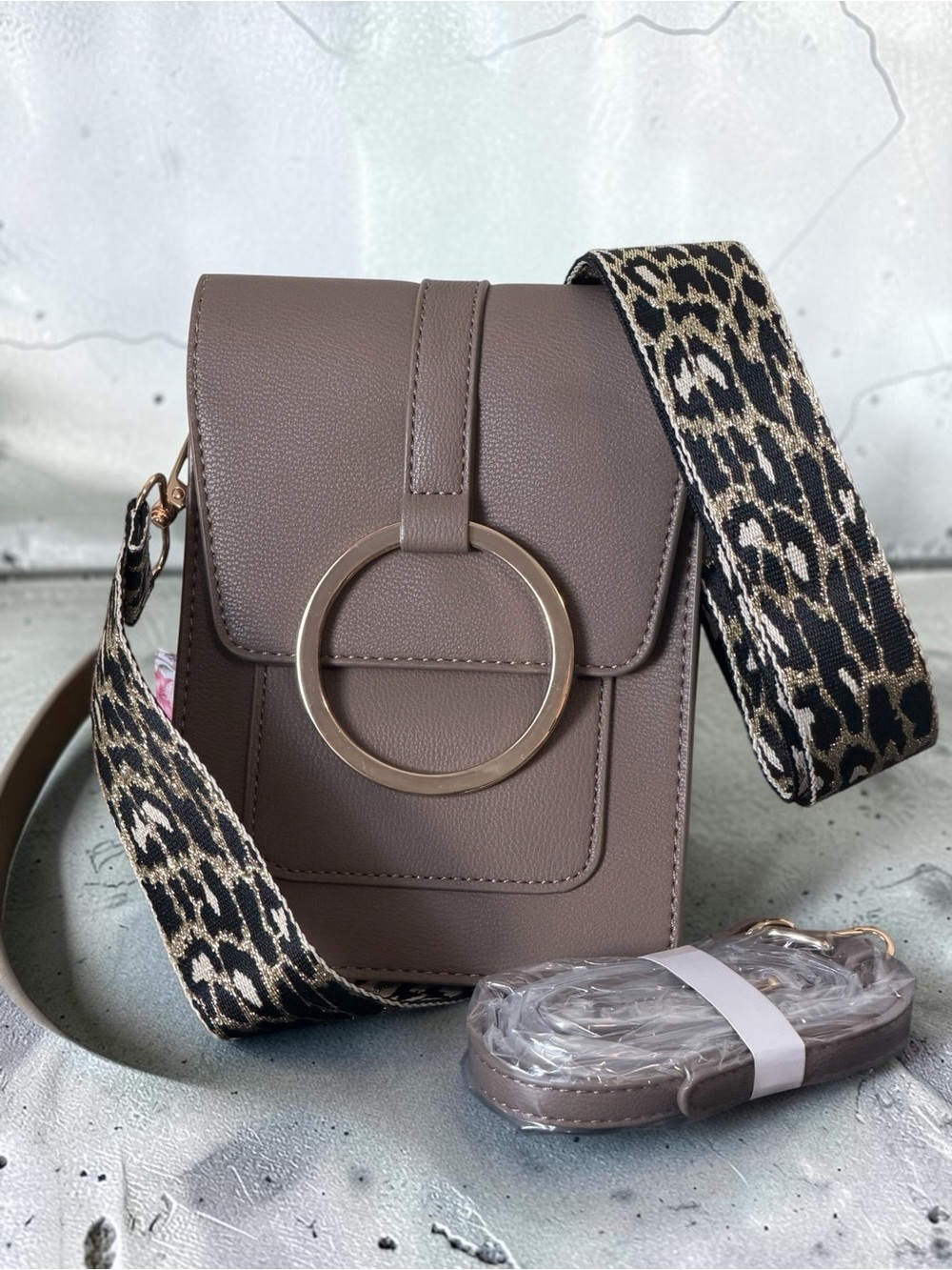 Taupe Crossbody Bag with Gold Ring Accent by Brentano - Picture 6 of 14